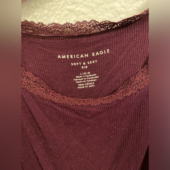 Ribbed American Eagle Burgundy Crop Top with Lace Straps - Picture 2 of 3